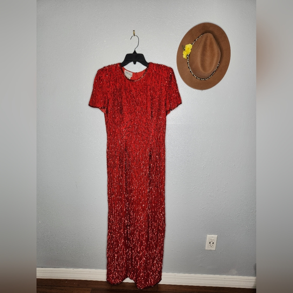 Stenay Size 12 Silk Vintage Red Sequin Maxi Dress - Picture 2 of 6